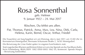 Traueranzeige von Rosa Sonnenthal von Tagesspiegel