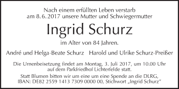 Traueranzeige von Ingrid Schurz von Tagesspiegel