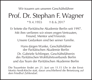 Traueranzeige von Stephan F. Wagner von Tagesspiegel