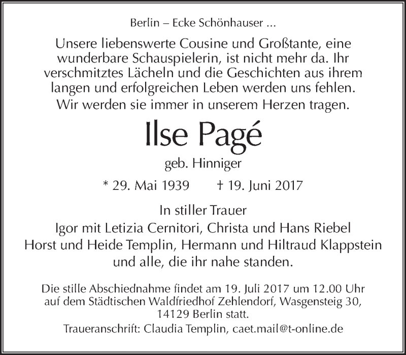  Traueranzeige für Ilse Pagé vom 02.07.2017 aus Tagesspiegel