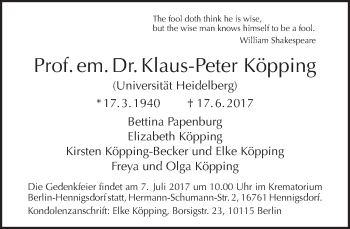 Traueranzeige von Klaus-Peter Köpping von Tagesspiegel