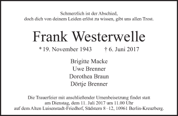 Traueranzeige von Frank Westerwelle von Tagesspiegel