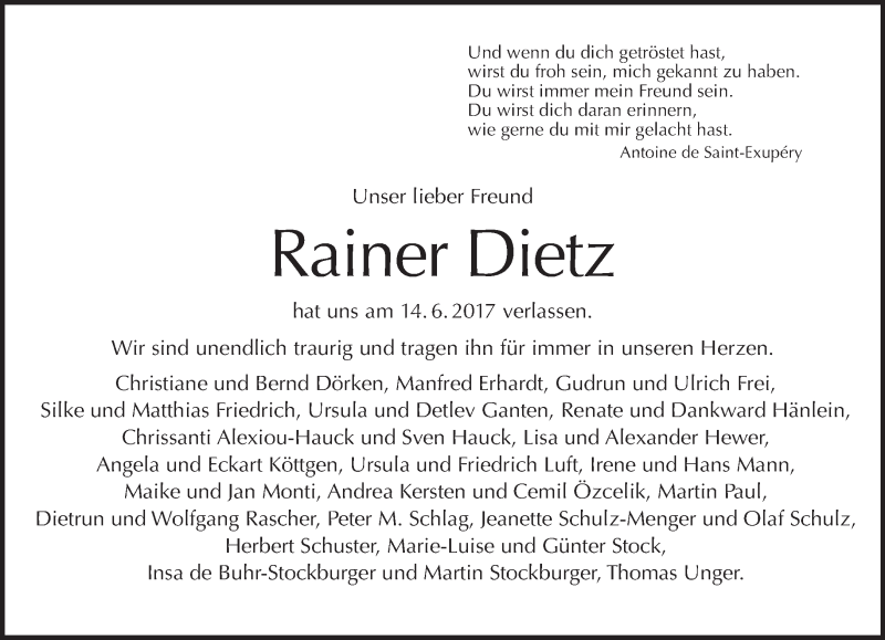  Traueranzeige für Rainer Dietz vom 18.06.2017 aus Tagesspiegel