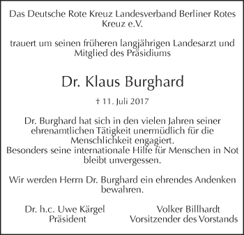 Traueranzeige von Klaus Burghard von Tagesspiegel