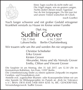 Traueranzeige von Sudhir Grover von Tagesspiegel