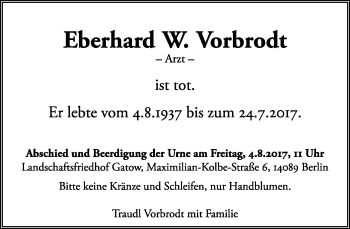 Traueranzeige von Eberhard W. Vorbrodt von Tagesspiegel