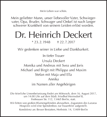 Traueranzeige von Heinrich Deckert von Tagesspiegel