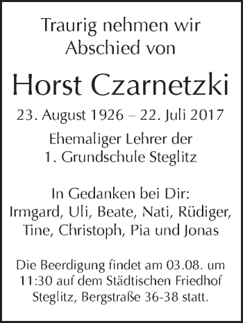 Traueranzeige von Horst Czarnetzki von Tagesspiegel