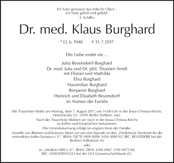 Traueranzeige von Klaus Burghard von Tagesspiegel