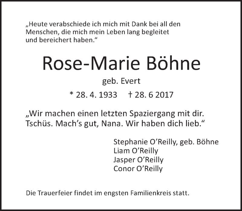  Traueranzeige für Rose-Marie Böhne vom 16.07.2017 aus Tagesspiegel