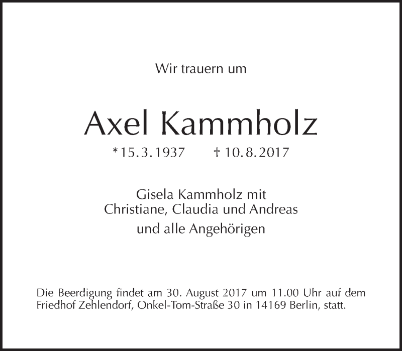  Traueranzeige für Axel Kammholz vom 20.08.2017 aus Tagesspiegel