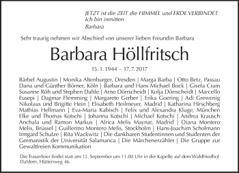 Traueranzeige von Barbara Höllfritsch von Tagesspiegel