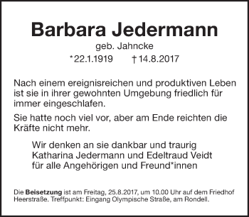 Traueranzeige von Barbara Jedermann von Tagesspiegel