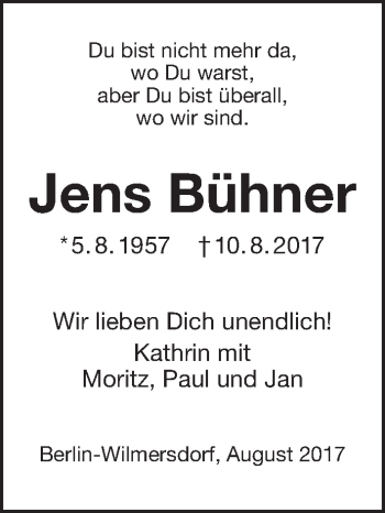 Traueranzeige von Jens Bühner von Tagesspiegel