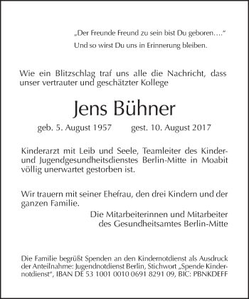 Traueranzeige von Jens Bühner von Tagesspiegel