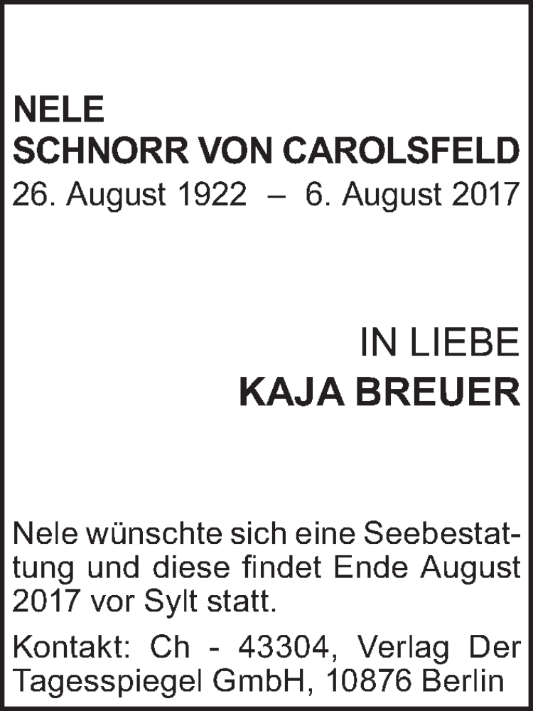  Traueranzeige für Nele Schnorr von Carolsfeld vom 19.08.2017 aus Tagesspiegel