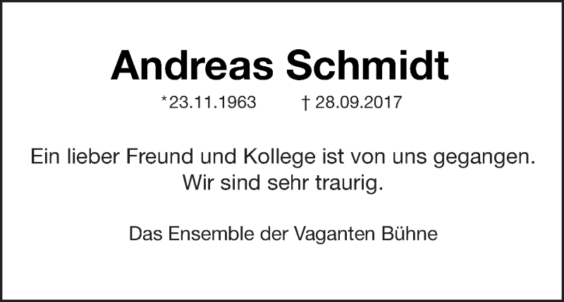  Traueranzeige für Andreas Schmidt vom 01.10.2017 aus Tagesspiegel