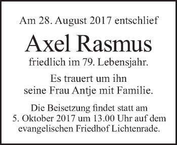 Traueranzeige von Axel Rasmus von Tagesspiegel