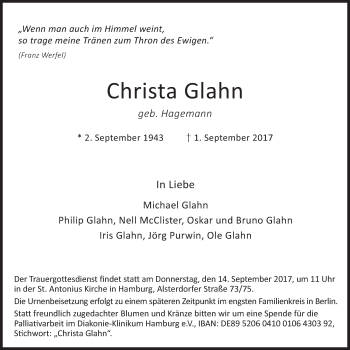 Traueranzeige von Christa Glahn von Tagesspiegel