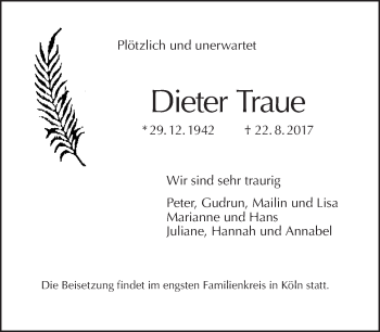 Traueranzeige von Dieter Traue von Tagesspiegel