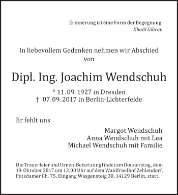 Traueranzeige von Joachim Wendschuh von Tagesspiegel