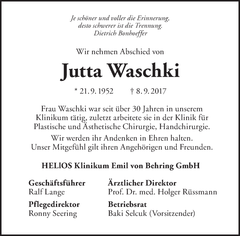  Traueranzeige für Jutta Waschki vom 24.09.2017 aus Tagesspiegel