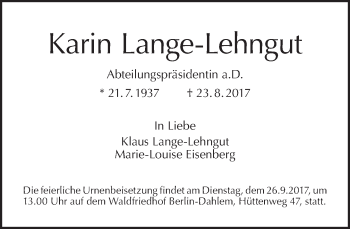 Traueranzeige von Karin Lange-Lehngut von Tagesspiegel