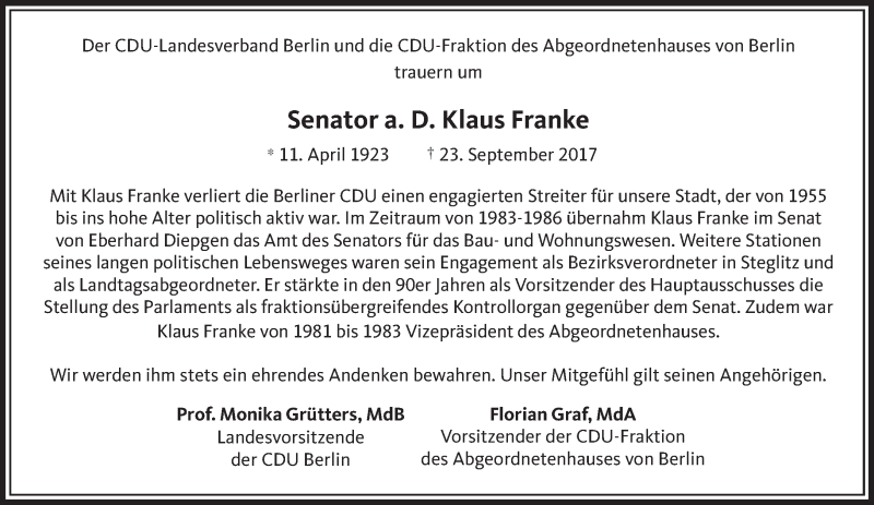  Traueranzeige für Klaus Franke vom 01.10.2017 aus Tagesspiegel