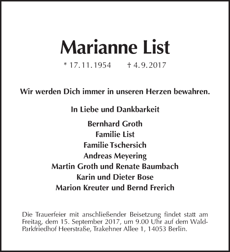  Traueranzeige für Marianne List vom 10.09.2017 aus Tagesspiegel