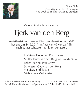 Traueranzeige von Tjerk van den Berg von Tagesspiegel