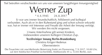 Traueranzeige von Werner Zup von Tagesspiegel