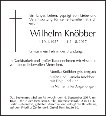 Traueranzeige von Wilhelm Knöbber von Tagesspiegel
