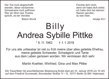 Traueranzeige von Andrea Sybille Pittke von Tagesspiegel