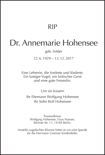 Traueranzeige von Annemarie Hohensee von Tagesspiegel