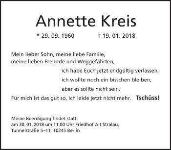 Traueranzeige von Annette Kreis von Tagesspiegel
