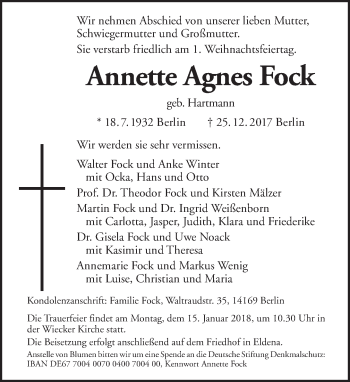Traueranzeige von Annette Agnes Fock von Tagesspiegel