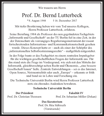 Traueranzeige von Bernd Lutterbeck von Tagesspiegel