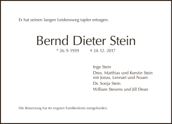 Traueranzeige von Bernd Dieter Stein von Tagesspiegel