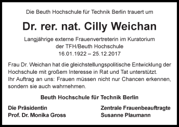 Traueranzeige von Cilly Weichan von Tagesspiegel