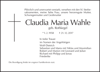 Traueranzeige von Claudia Maria Wahle von Tagesspiegel