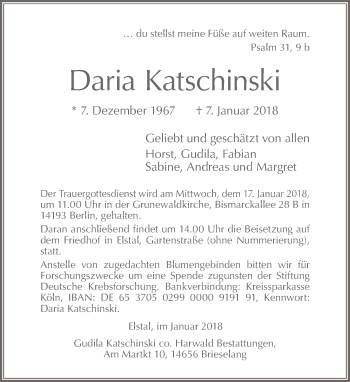 Traueranzeige von Daria Katschinski von Tagesspiegel