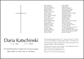 Traueranzeige von Daria Katschinski von Tagesspiegel