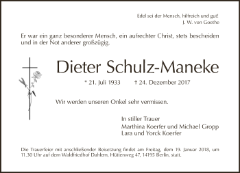 Traueranzeige von Dieter Schulz-Maneke von Tagesspiegel