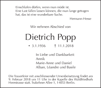 Traueranzeige von Dietrich Popp von Tagesspiegel