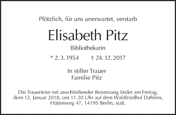 Traueranzeige von Elisabeth Pitz von Tagesspiegel