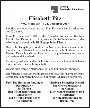Traueranzeige von Elisabeth Pitz von Tagesspiegel