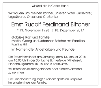 Traueranzeige von Ernst Rudolf Ferdinand Bittcher von Tagesspiegel