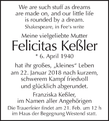 Traueranzeige von Felicitas Keßler von Tagesspiegel