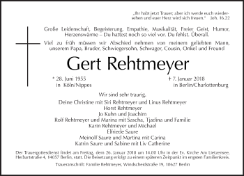 Traueranzeige von Gert Rehtmeyer von Tagesspiegel