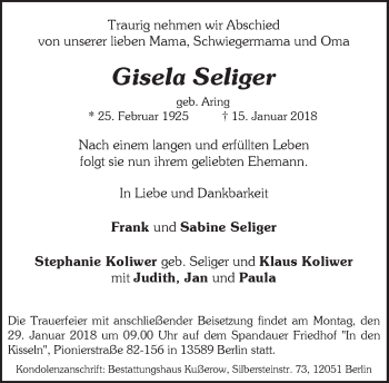 Traueranzeige von Gisela Seliger von Tagesspiegel